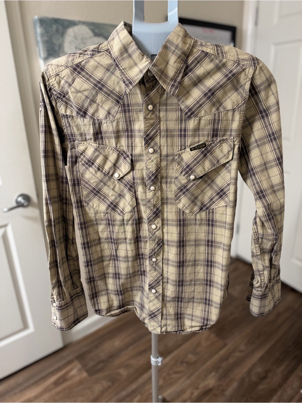 G-Star Beige and Brown Plaid Button-Down Western Shirt Womens size M
